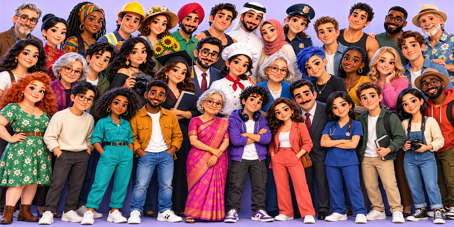 A crowd of cartoon avatars of people from many walks of life
